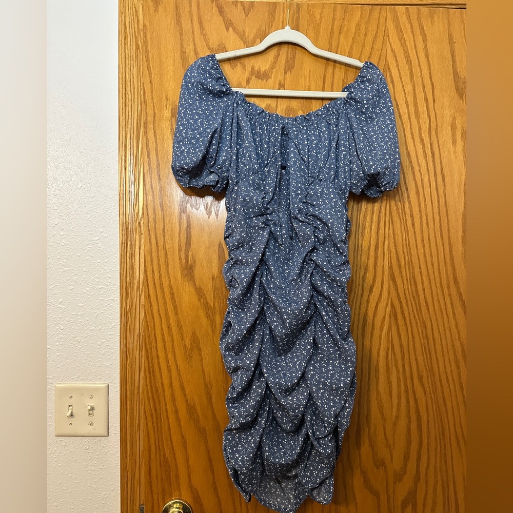 Sunday Up Blue Floral Ruched Puff Sleeve Women's Dress - NWOT - Size L - Picture 2 of 12